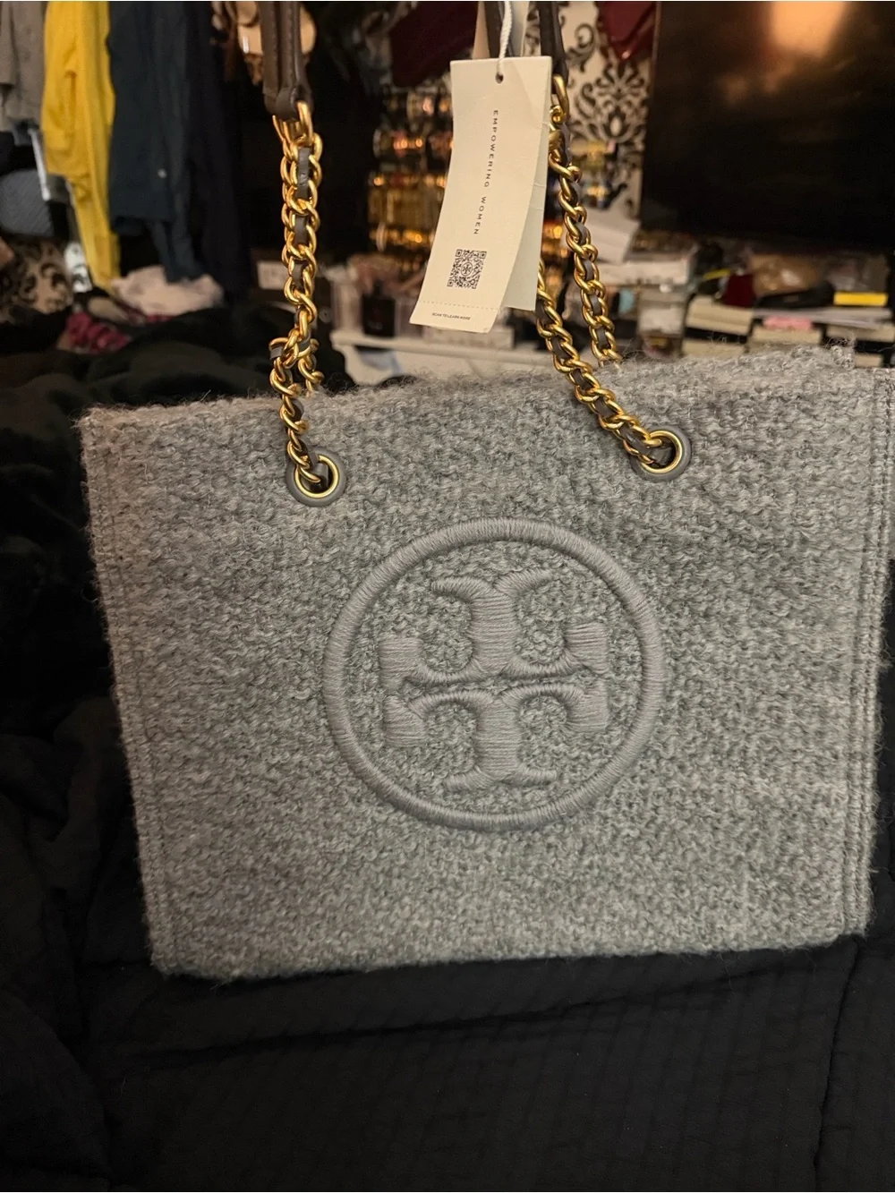 Tory Burch Gray Pebbled Wool Logo Tote with Gold-Tone Accents